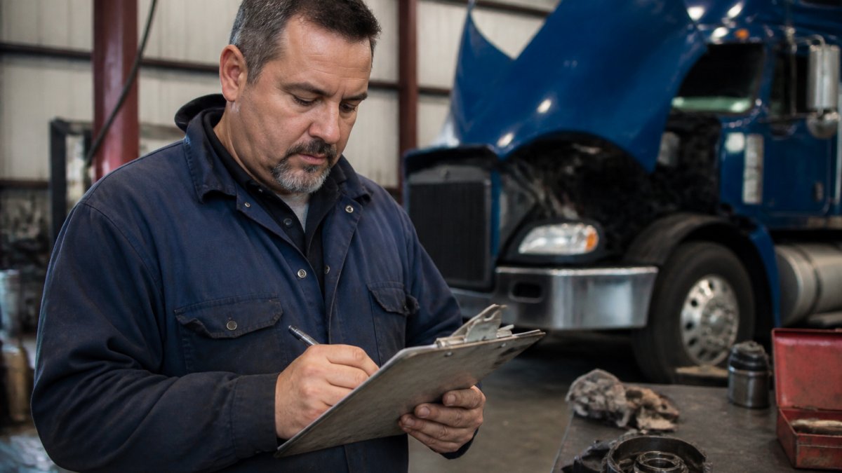 Fleet manager reviewing repair paperwork near a truck to file a fleet warranty claim