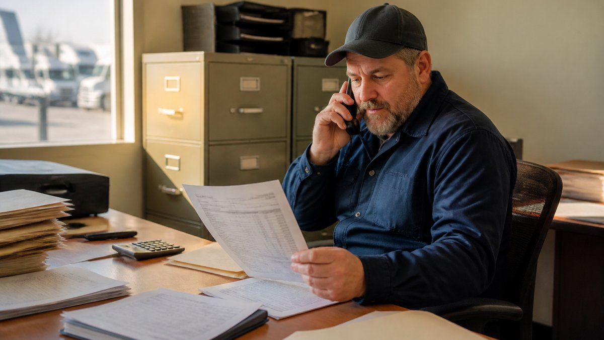 Fleet manager seated at desk reviewing truck repair estimate document while speaking on phone with claims adjuster, office with filing cabinets and computer visible, natural afternoon lighting