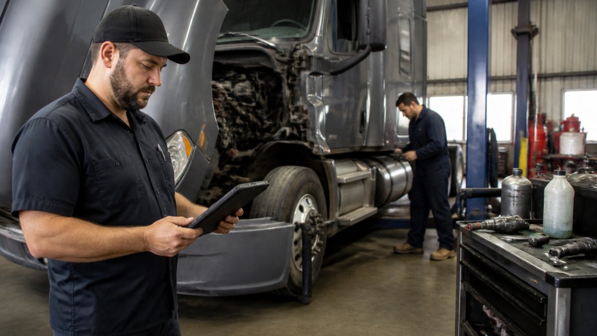 Service writer reviewing a truck repair order on a tablet near a semi-truck in a professional shop bay