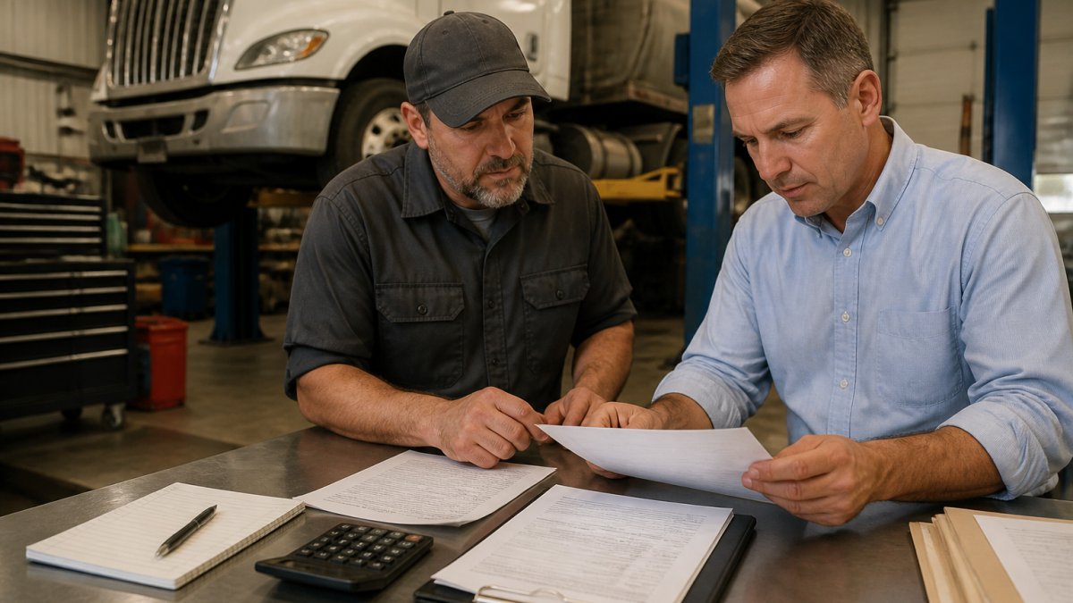 A fleet manager in a shop office reviewing paperwork with a mechanic beside a heavy-duty diesel truck on a lift, tools and service bay in the background