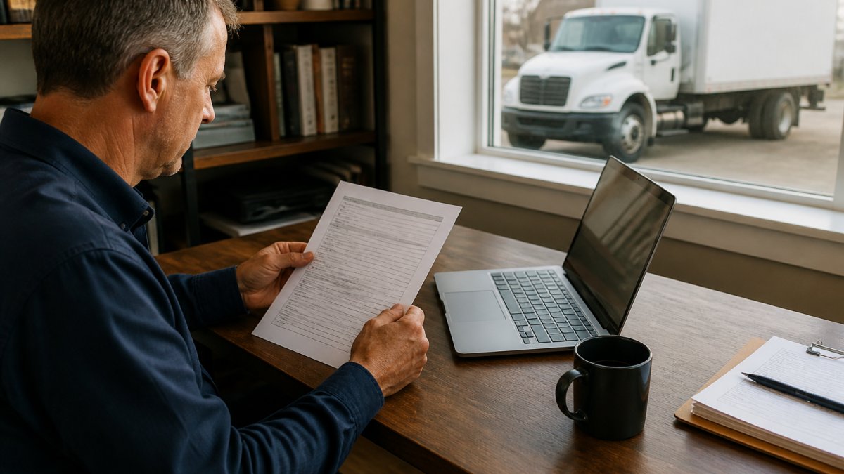 A fleet manager in a home office reviewing a printed quote request template beside a laptop and a coffee mug, with a truck visible through the window