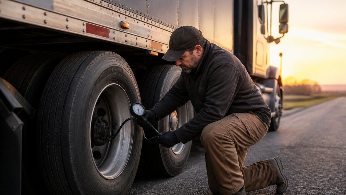 Truck driver checking tire pressure during a pre-trip inspection to help reduce commercial fleet downtime